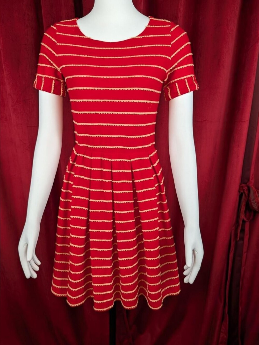 Bordeaux Anthropologie Red & Tan Scalloped Horizontal Stripe Short Sleeve Dress
